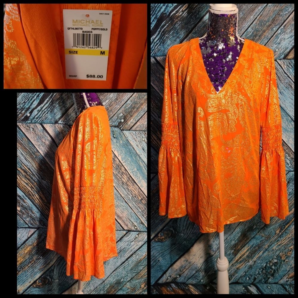 Michael Kors NWT Women's Medium Orange & Gold Blouse with bell flare sleeves